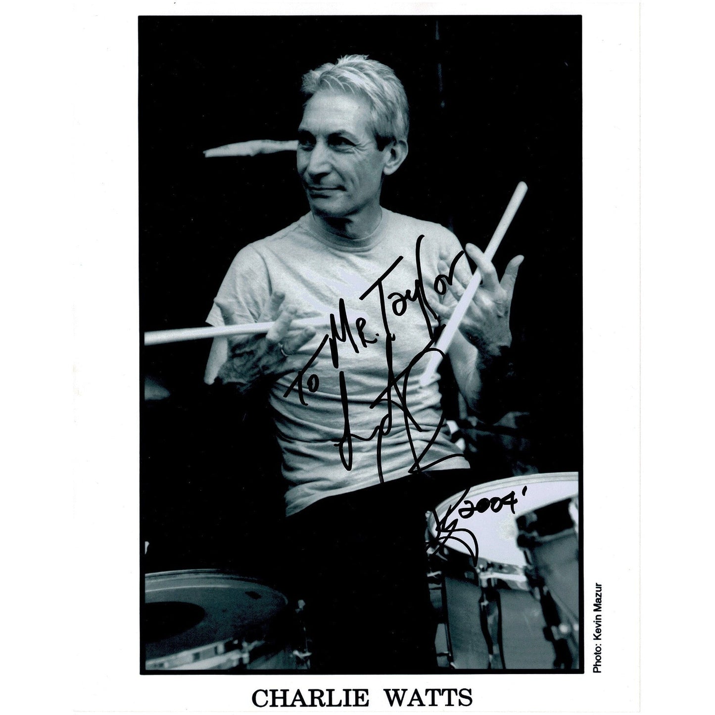 Charlie Watts 10" x 8" signed photograph and used drumstick - The Memorabilia Club
