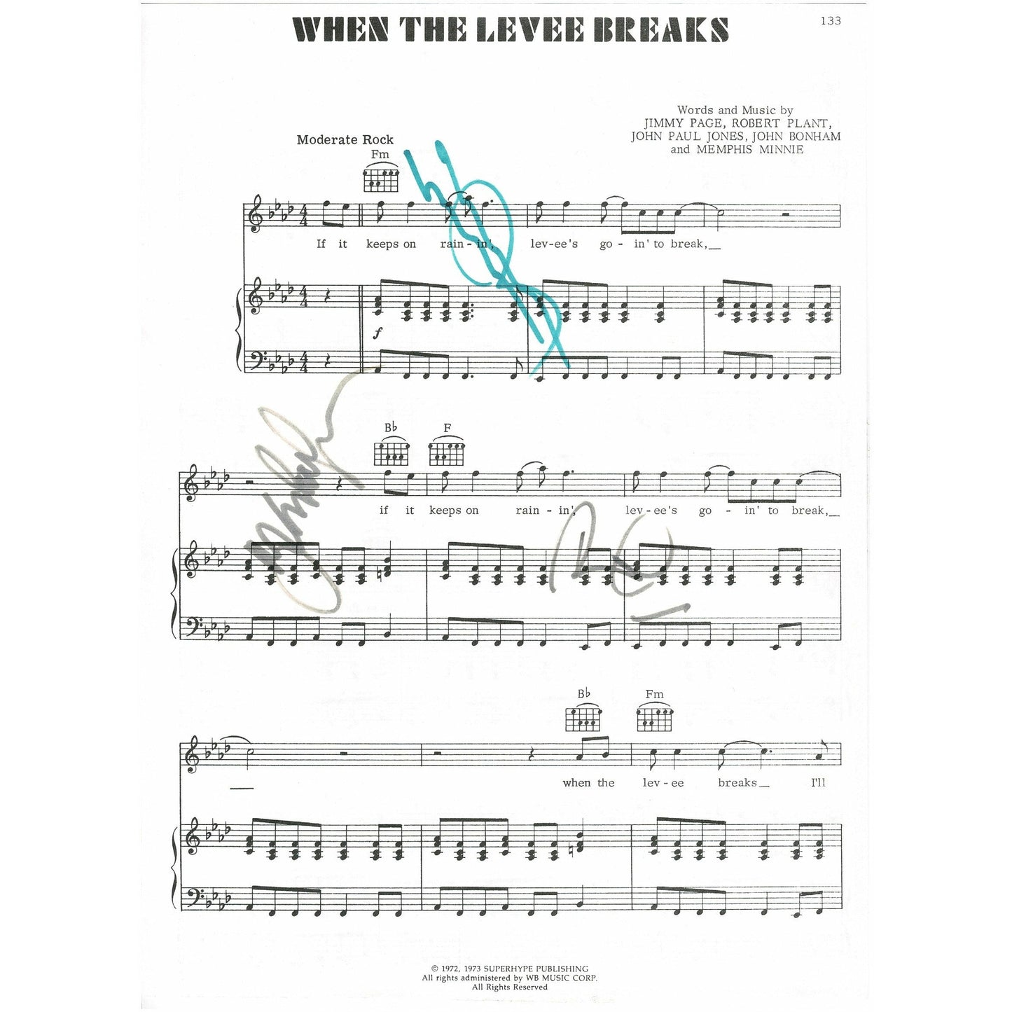 Led Zeppelin autographed sheet music
